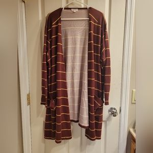 Lularoe caroline cardigan size 3X maroon with yellow stripes.